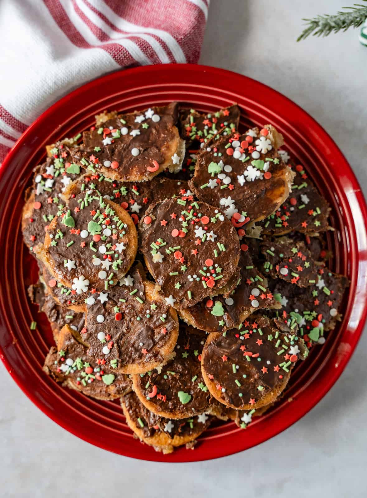 Overhead view of Maria cookie toffee with Christmas sprinkles.