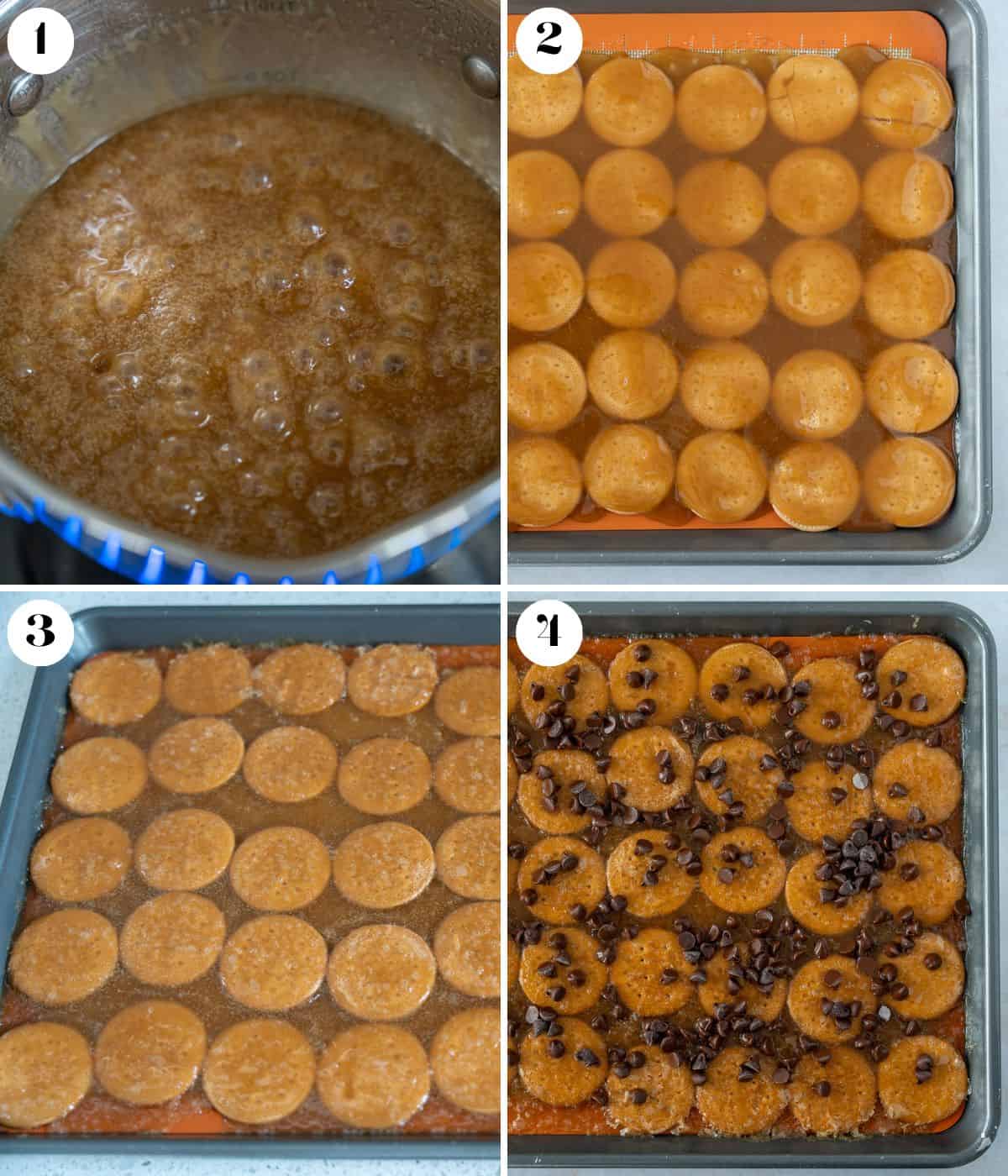 Four image collage showing, melted toffee, toffee over cookies, and chocolate chops on top of cookies.