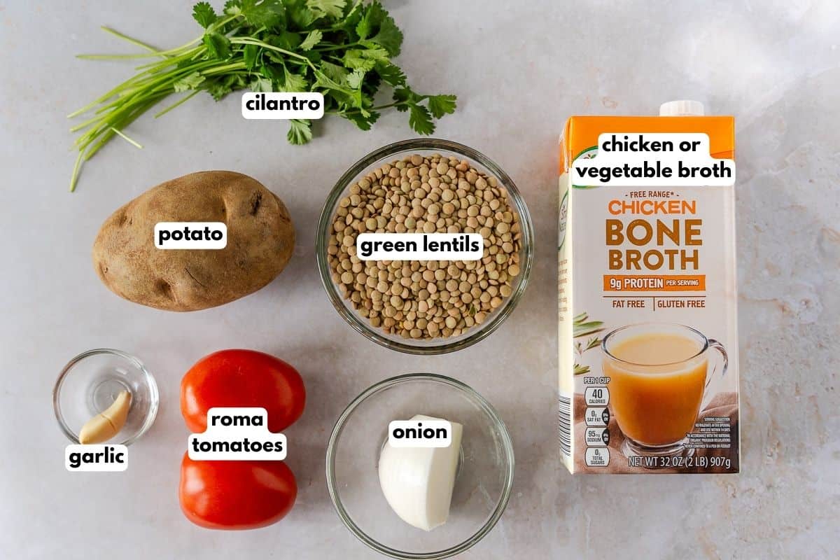 Ingredients with text, (cilantro, potato, green lentils, chicken broth, garlic, roma tomatoes, onion).