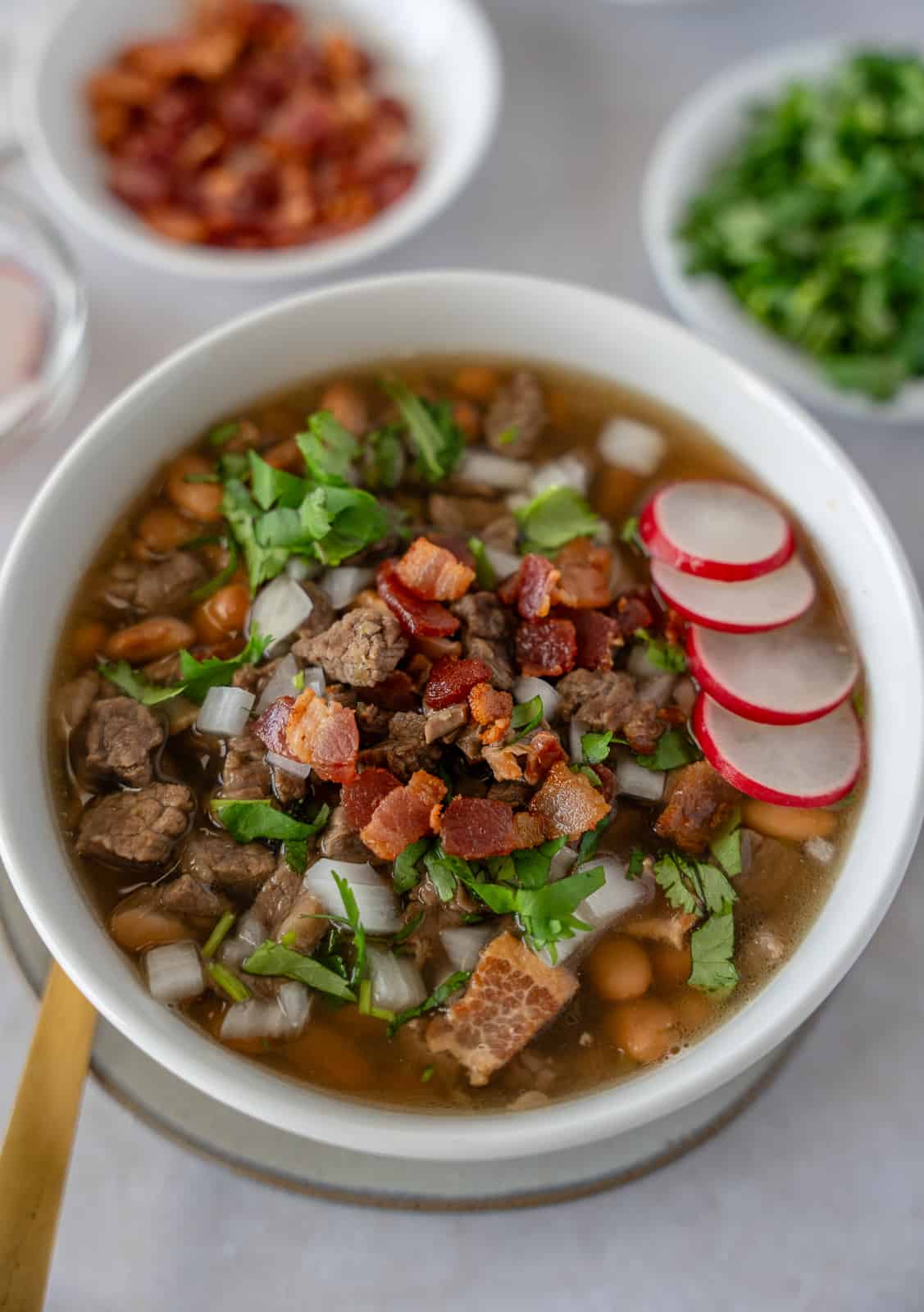 Mexican Beef stew, topped with bacon, onions, and cilantro.