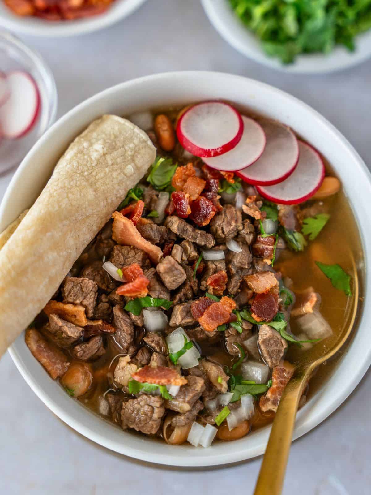 Carne en su jugo in a bowl with a rolled tortilla and sliced radishes.