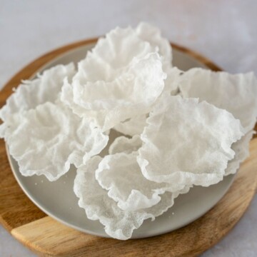 Feature image of crispy rice paper chips piled on a plate.