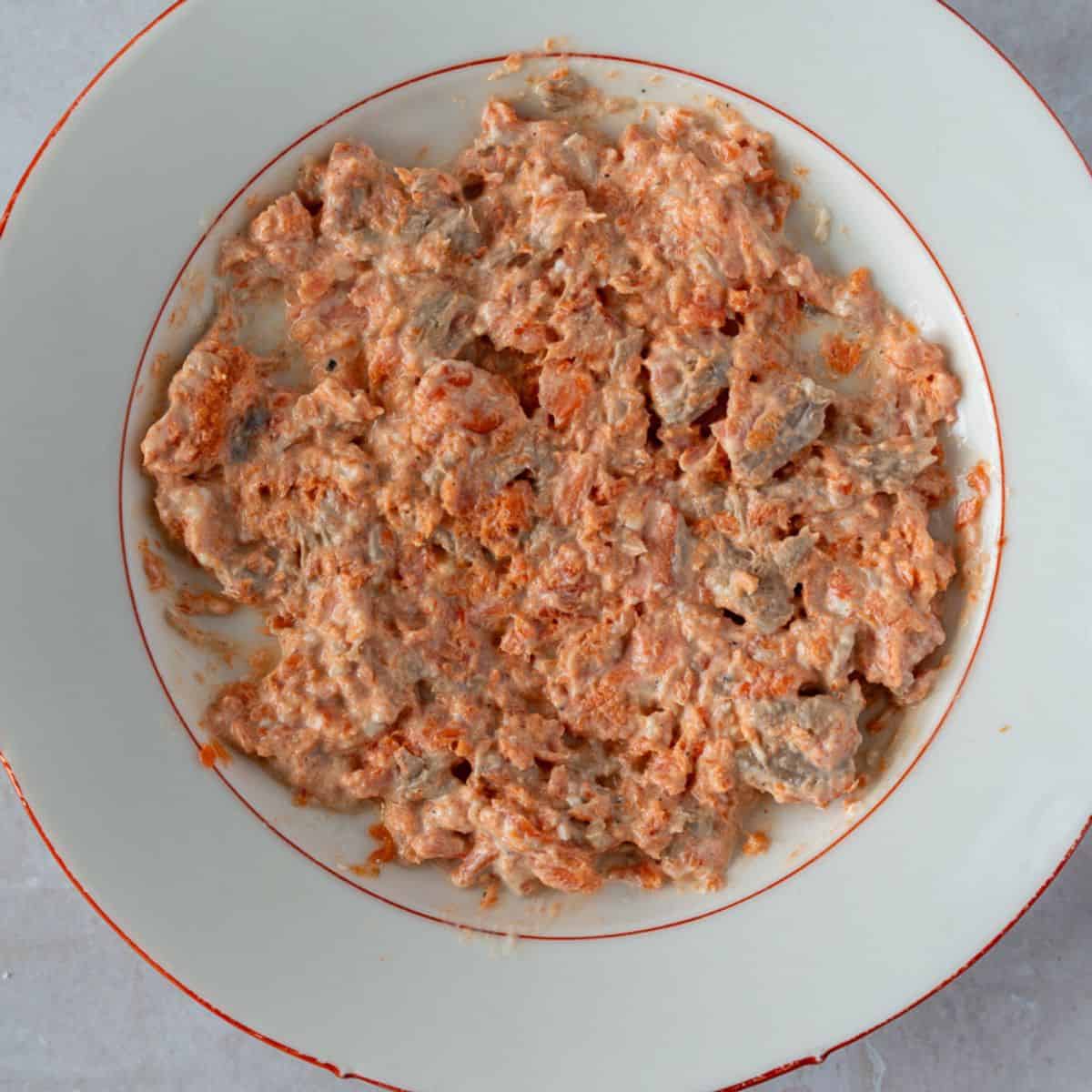 Leftover salmon mixed with mayo and siracha.