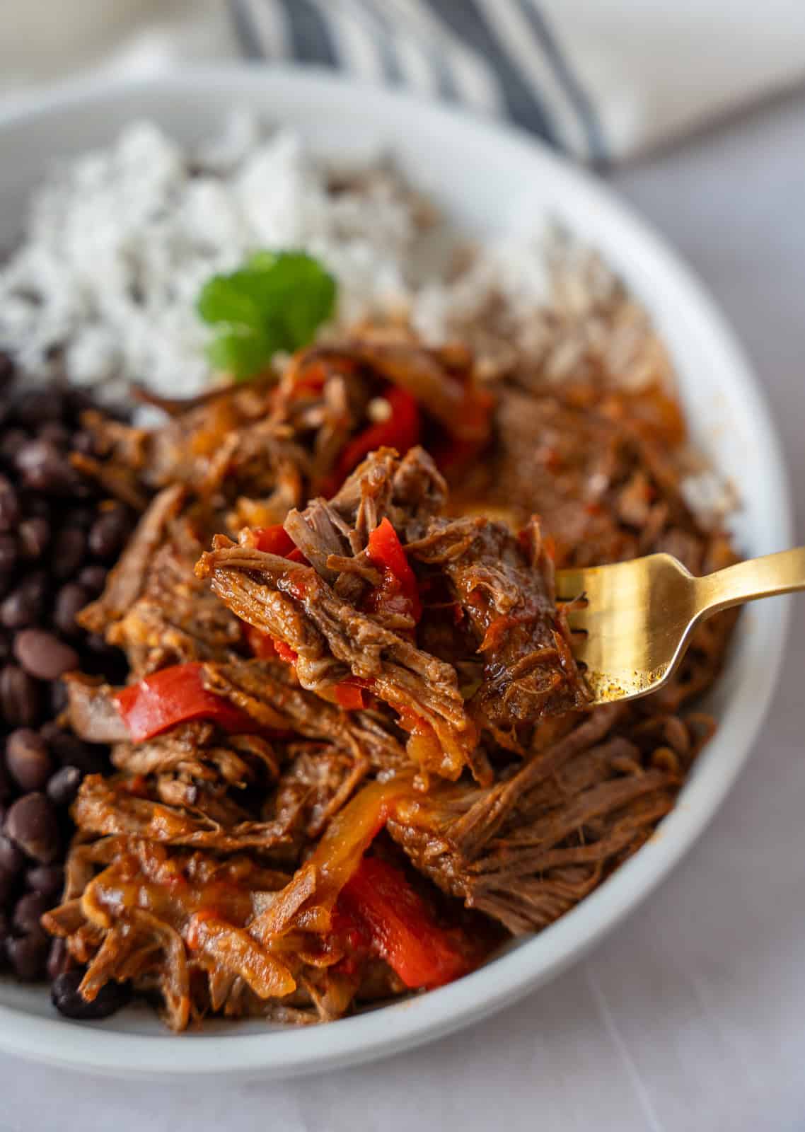 A gold fork holding Mexican shredded beef over a plate.