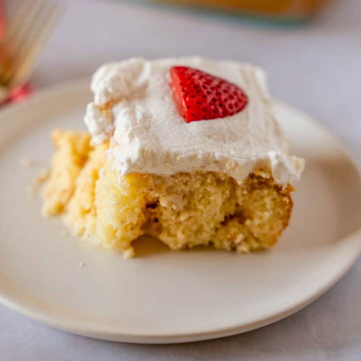 Feature image of a slice of pastel de tres leches.