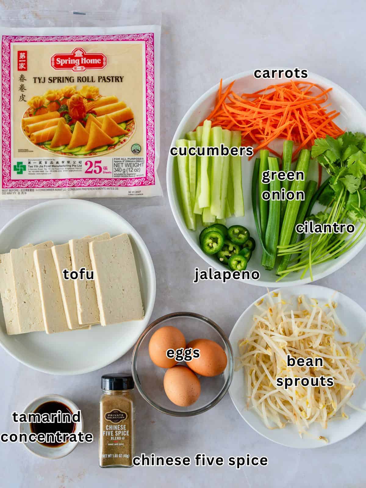 Ingredients with text for fresh spring rolls.