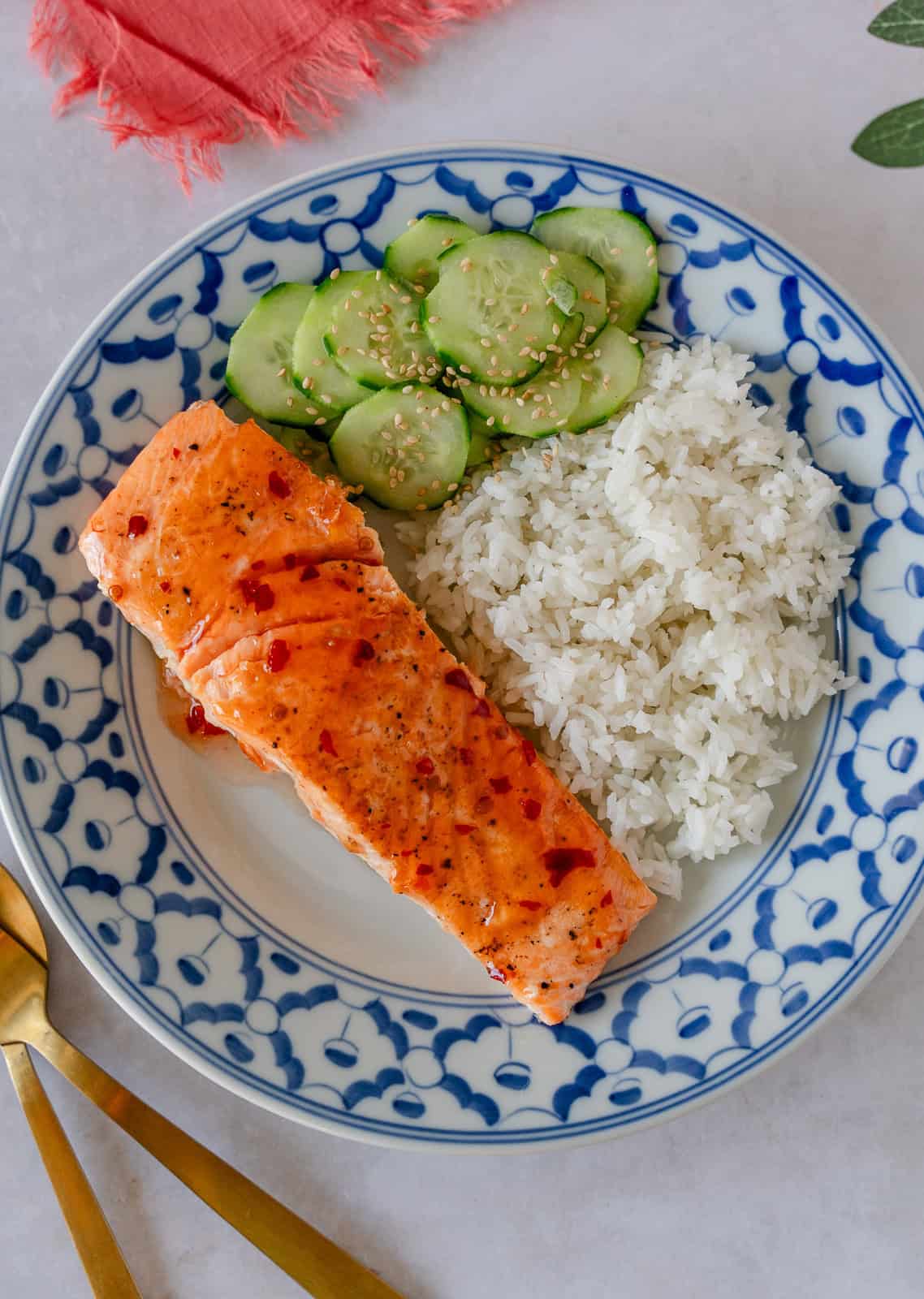 Overhead view of sweet chili salmon.