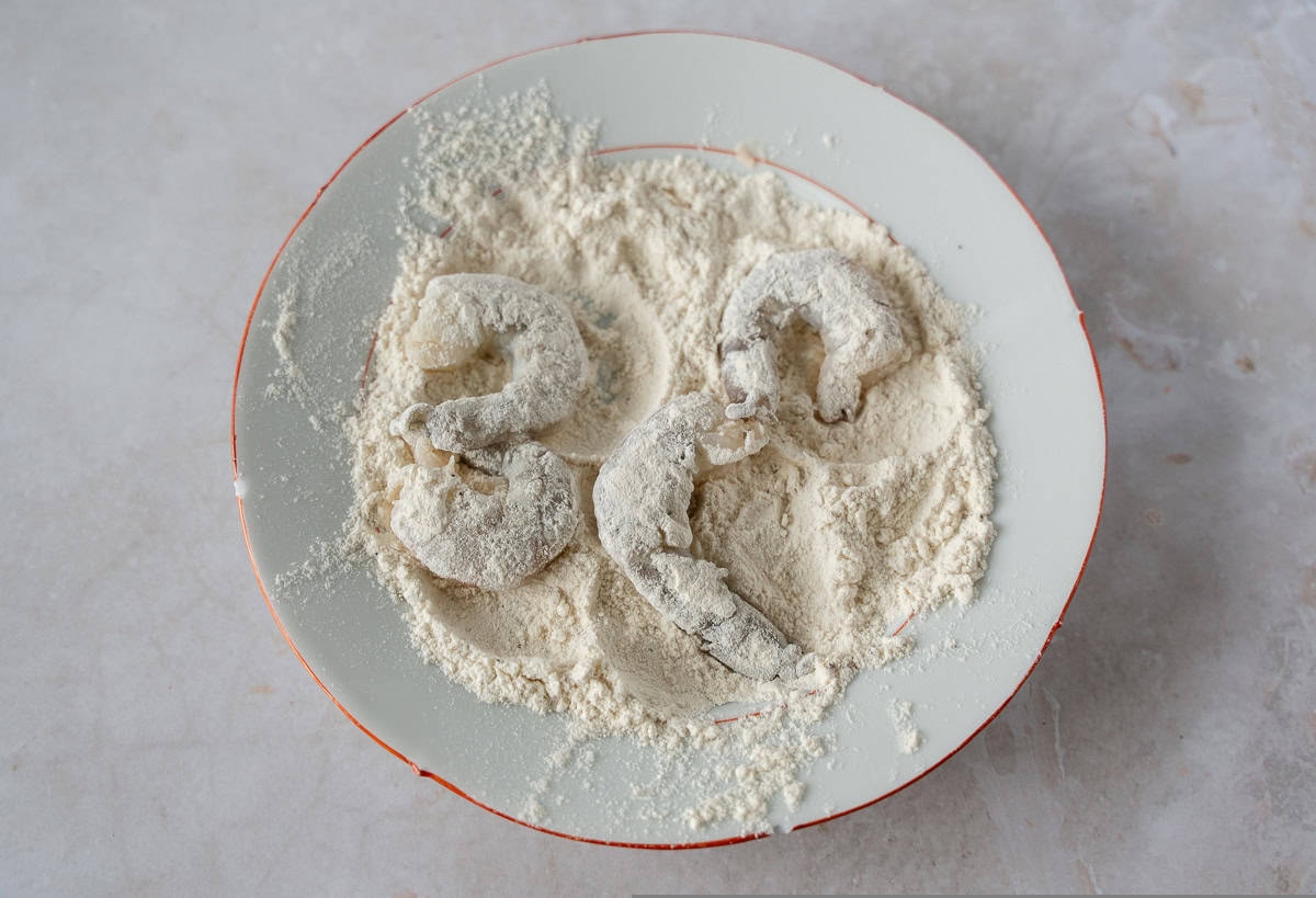 Shrimp dredged in flour.