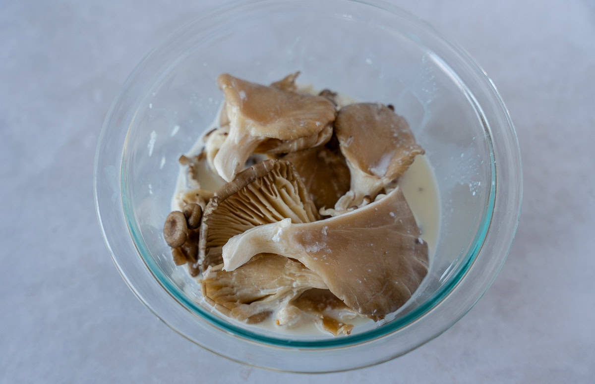 Oyster mushrooms in a glass bowl with milk.