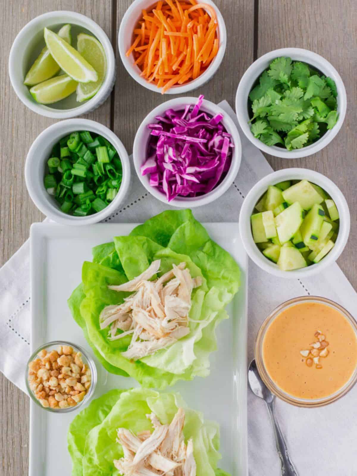 Overhead view of toppings for Thai chicken lettuce wraps and peanut sauce.