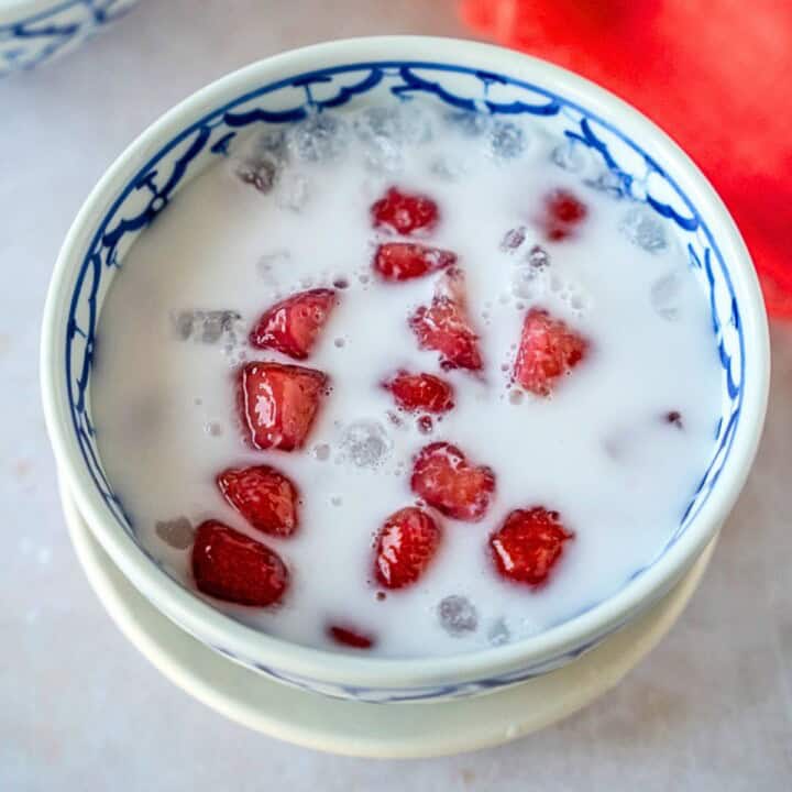 Feature image of red rubies dessert in a blue bowl.