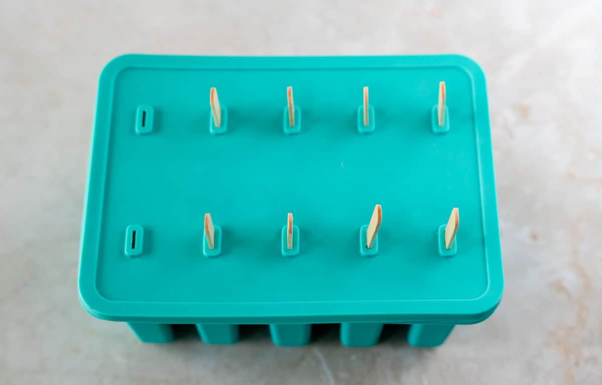 Silicone popsicle mold with sticks inside.