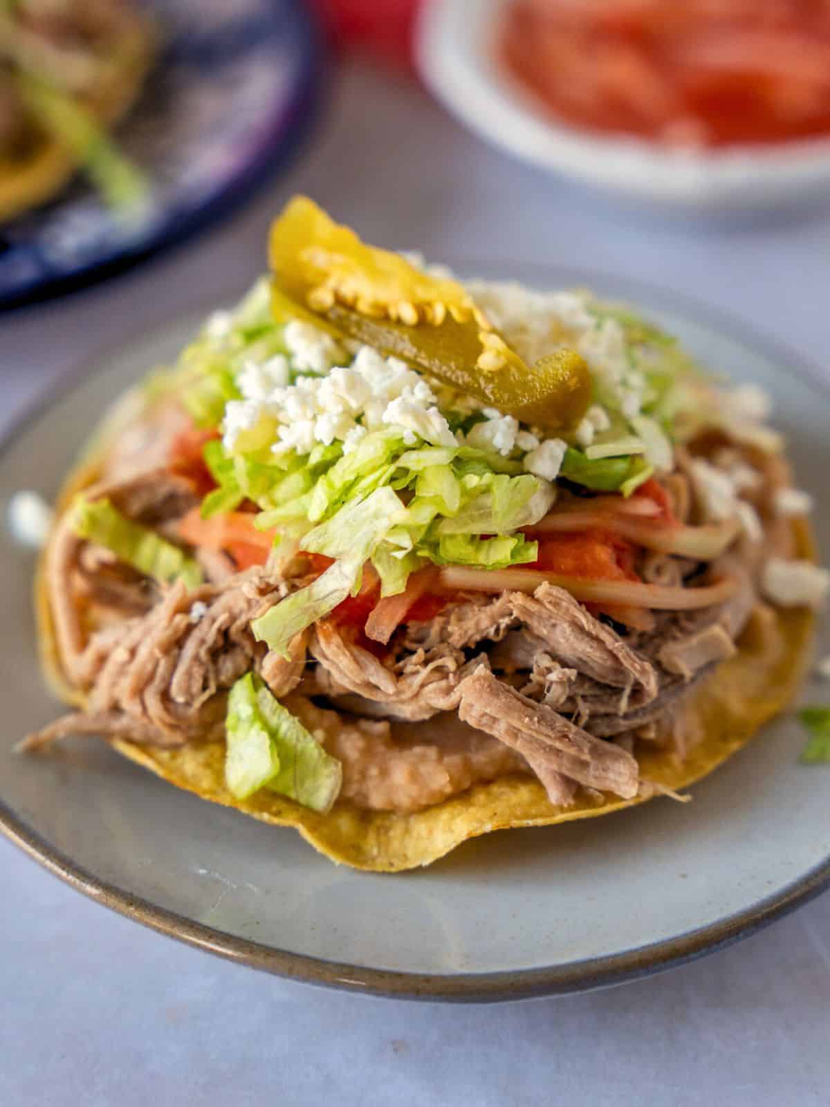 Completed pork tostada on a plate.