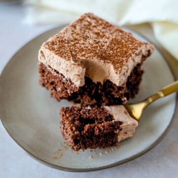 Feature image of chocolate tres leches cake with a fork holding a piece.