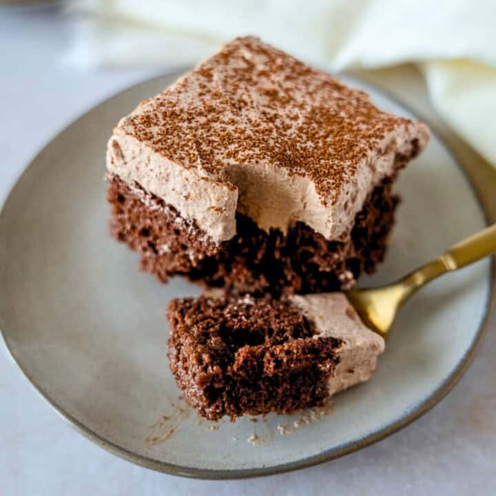 Feature image of chocolate tres leches cake with a fork holding a piece.