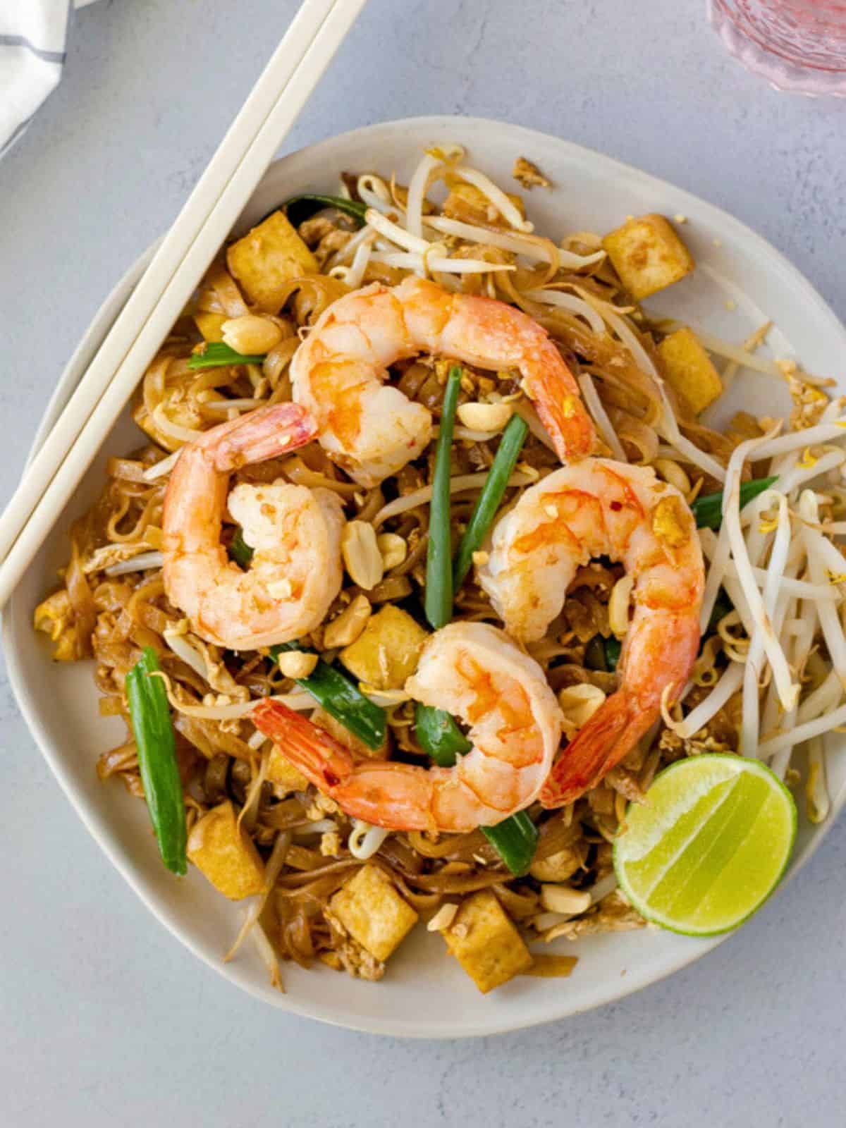 Overhead view of Pad Thai with shrimp and tofu.