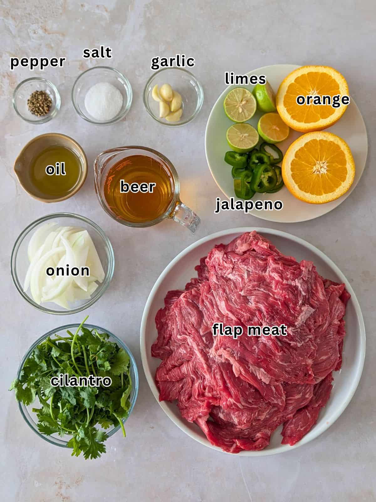 Ingredients for carne asada with text.