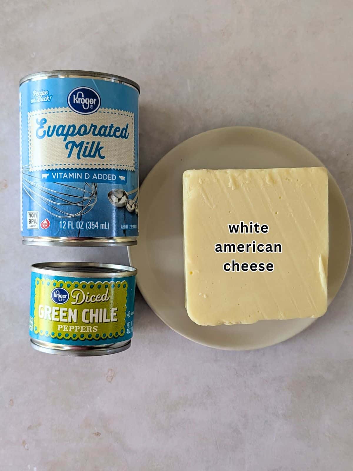 Ingredients for Queso Blanco- Evaporated milk, white american cheese, and green chiles.
