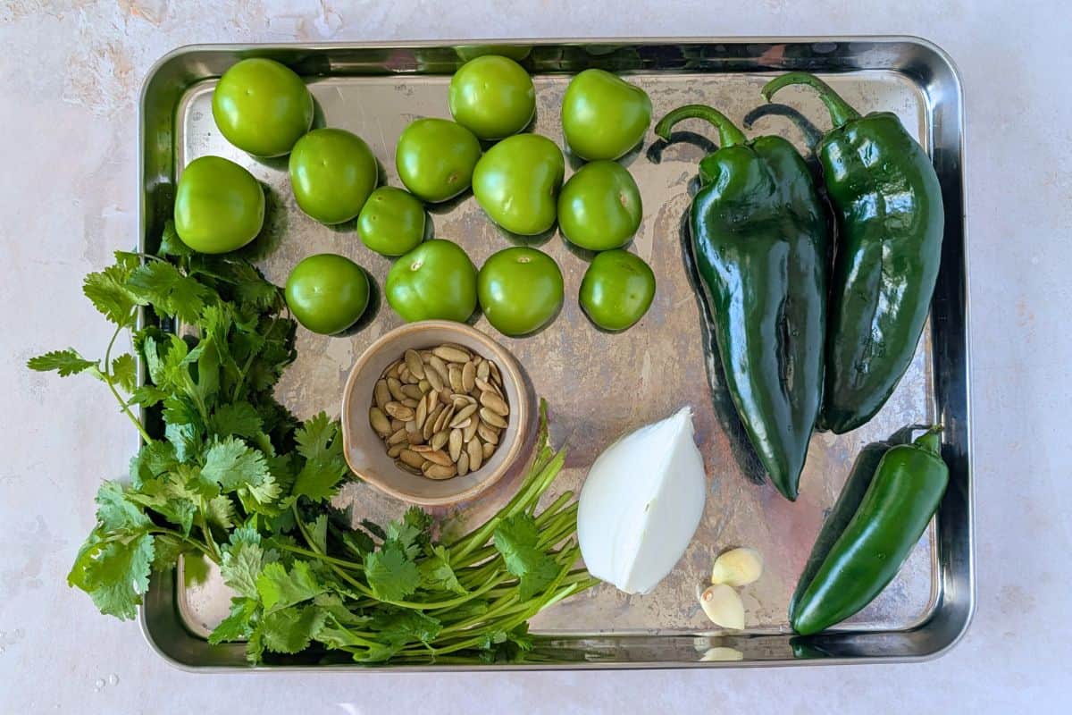 Tomatillos, poblano, jalapeno, onion, garlic, cilantro, and pumpkin seeds.