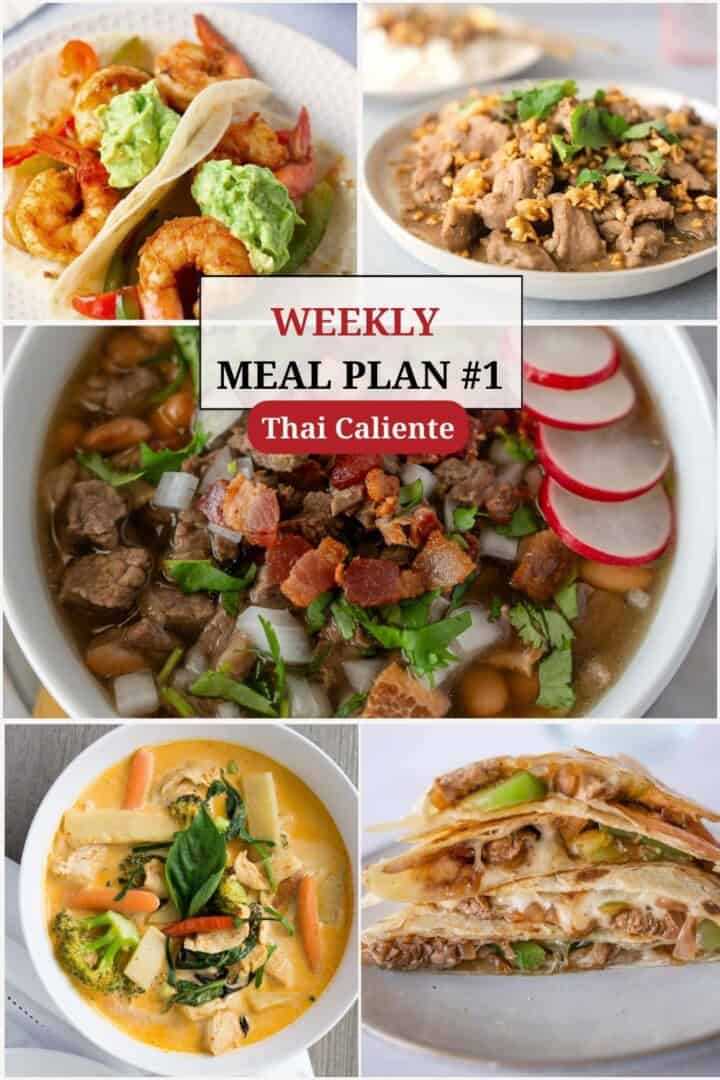 Pinterest image of Thai caliente weekly meal plan with 5 images of food.