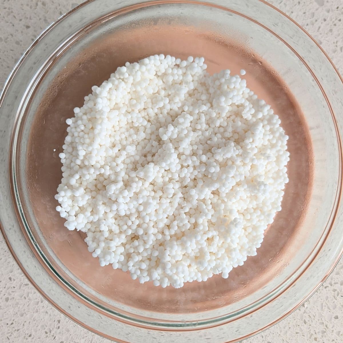 Tapioca pearls in a glass bowl.