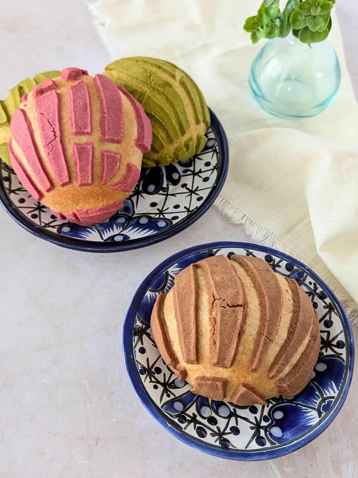 Sourdough conchas on a blue mexican style plates.