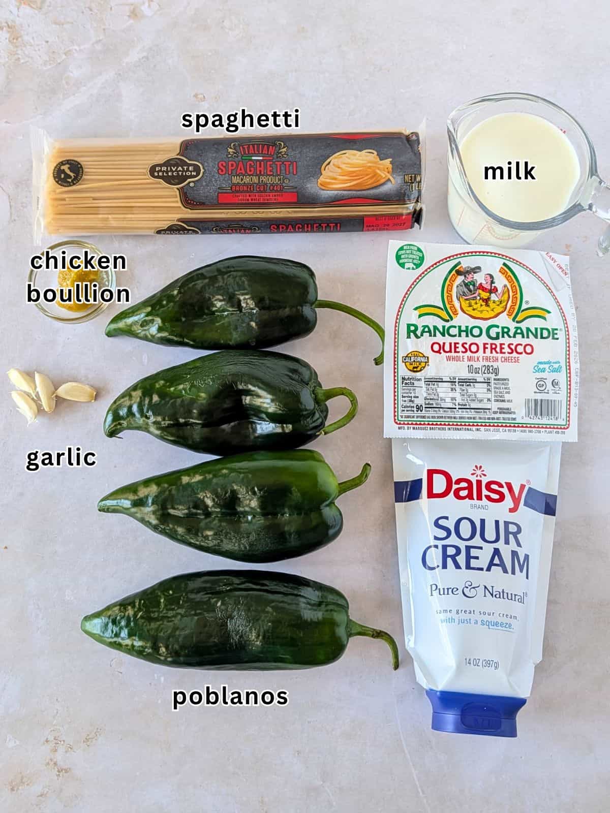 Ingredients with text for Mexican green spaghetti.