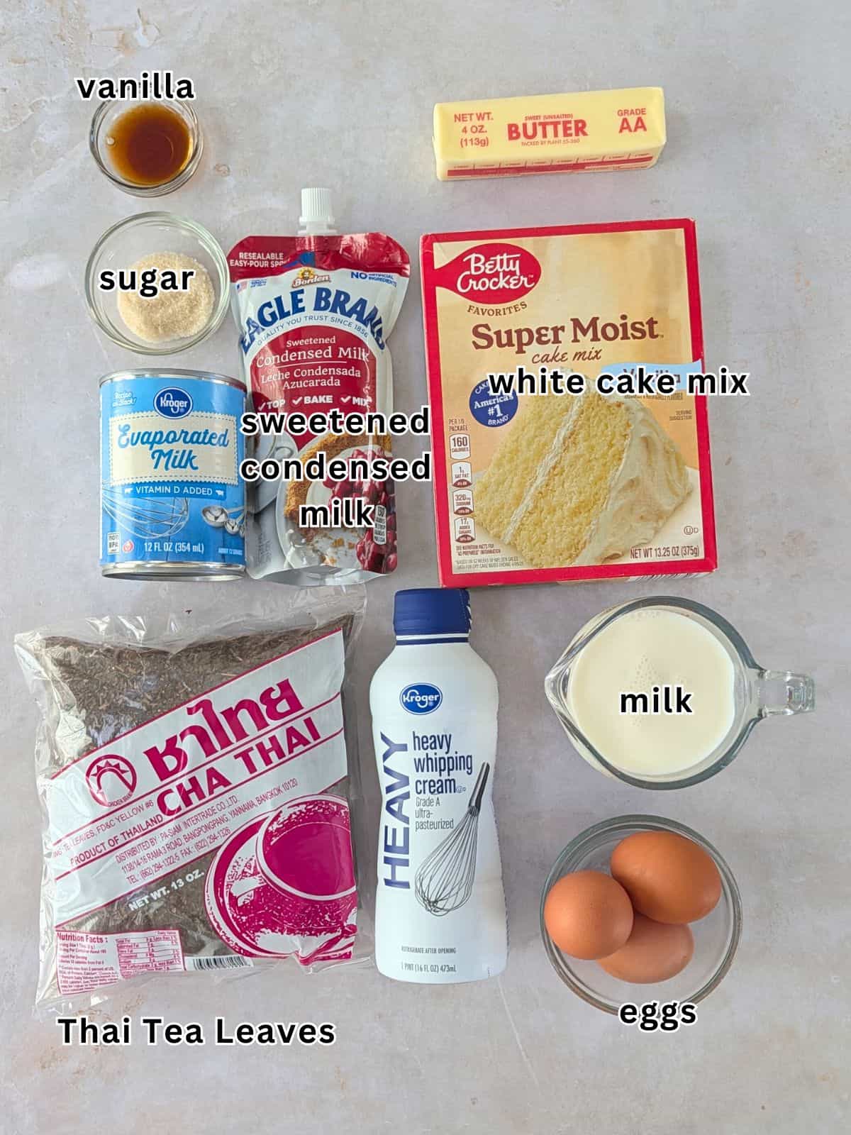 Ingredients with text for Thai tea tres leches.