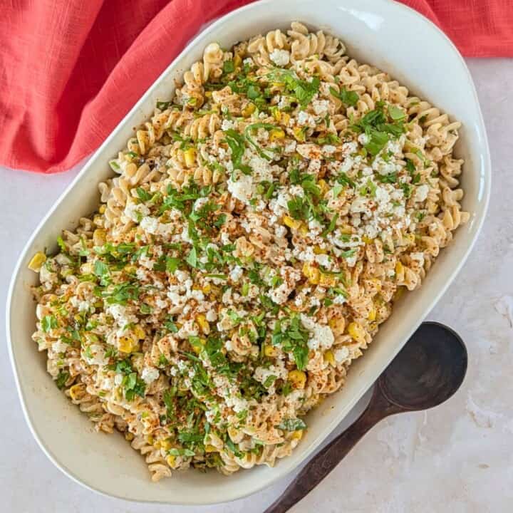 Feature image of Mexican street corn pasta salad.