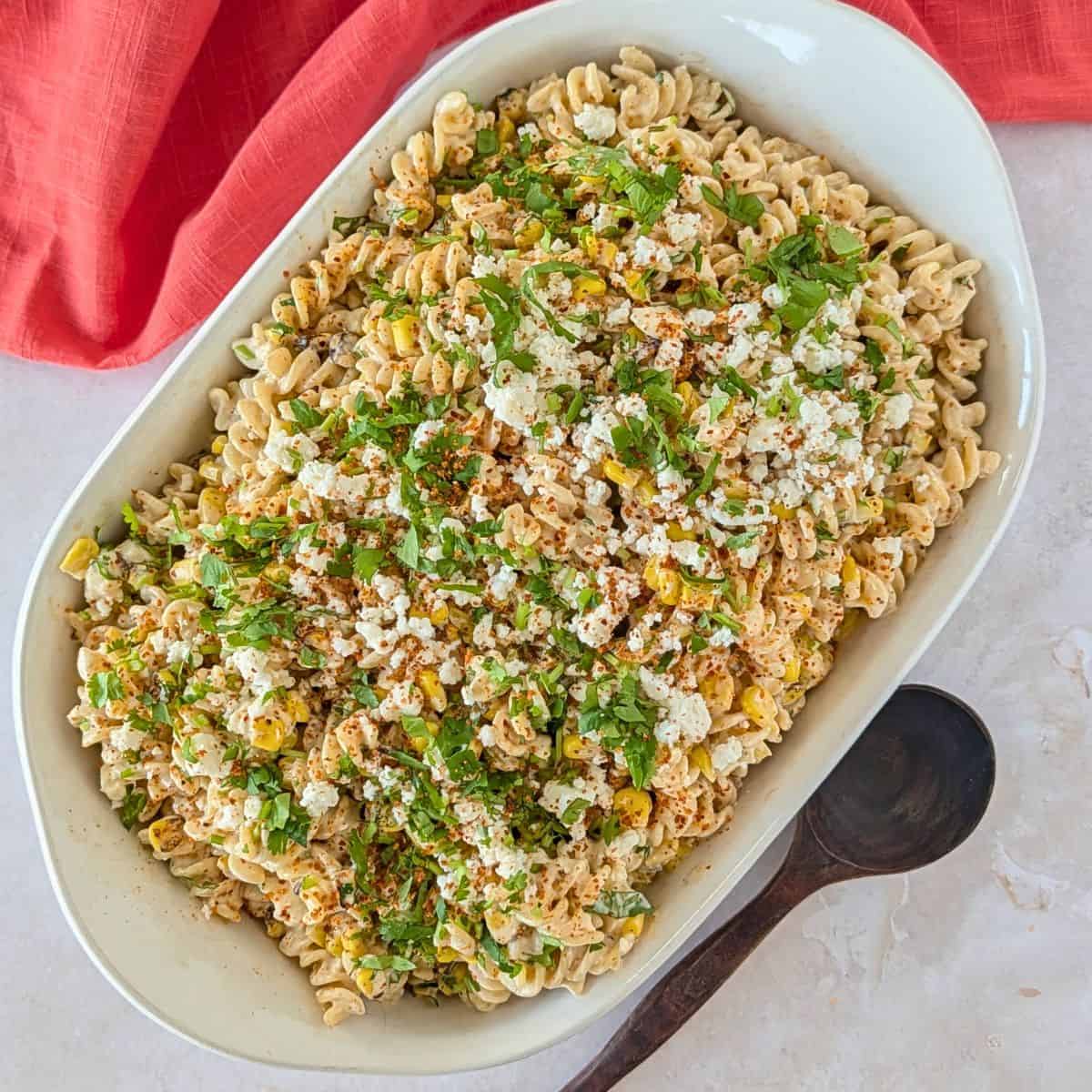 Feature image of Mexican street corn pasta salad.