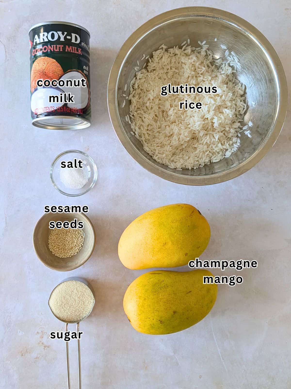 Ingredients with text, coconut milk, glutinous rice, salt, sesame seeds, sugar, and champagne mango.