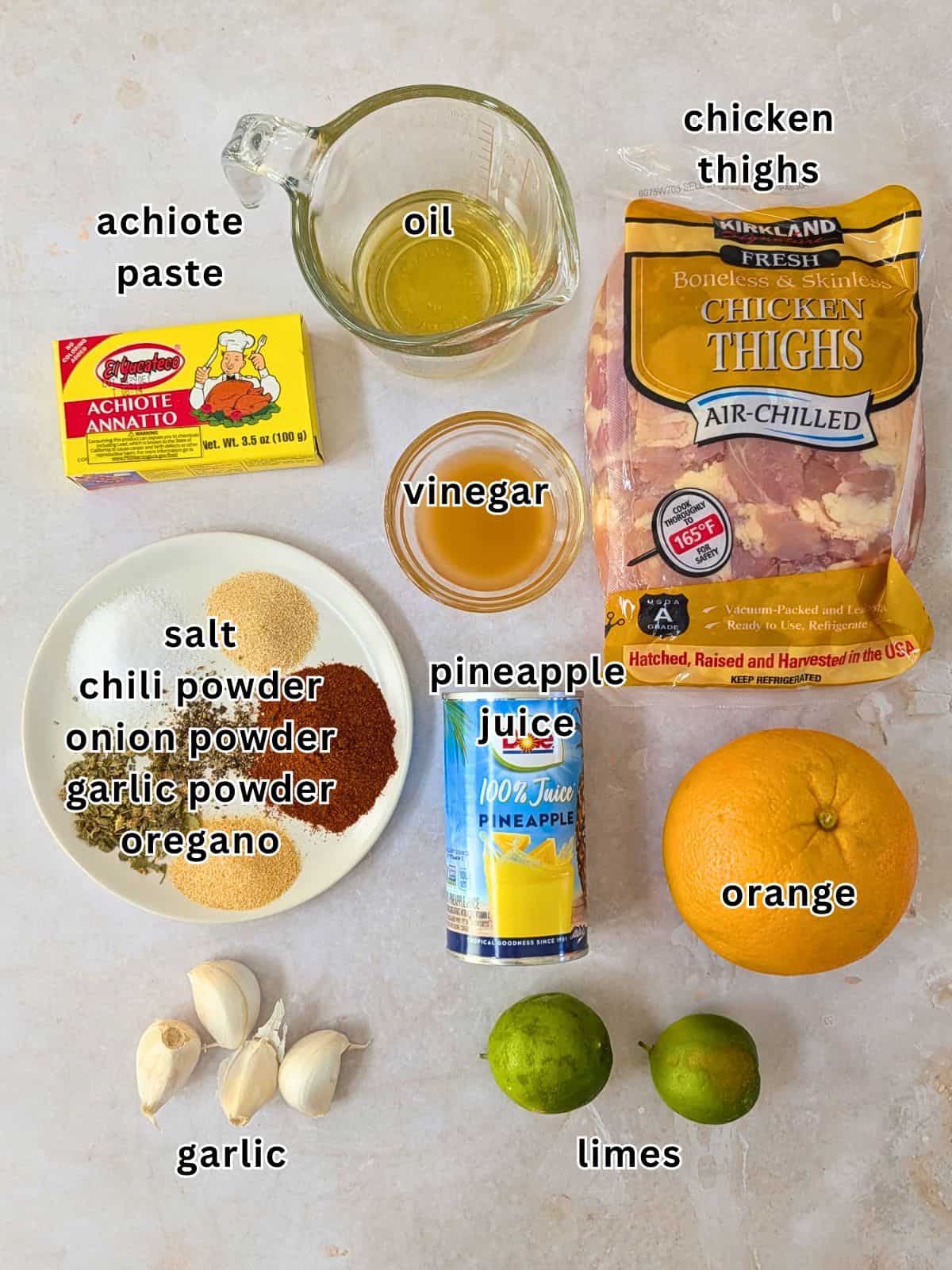 Ingredients with text for pollo asado marinade.