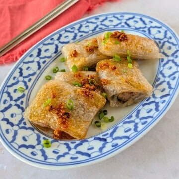 Feature image of crispy rice paper dumplings on a plate with chili oil and chopped green onions.