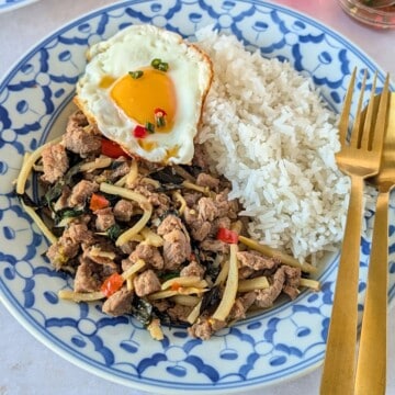 Feature image of Thai basil beef with bamboo on a plate with rice and a fried egg.