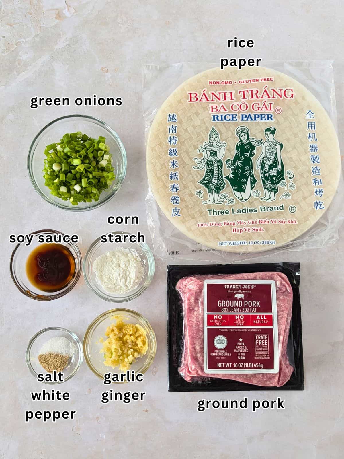 Ingredients with text- rice paper, green onions, soy sauce, corn starch, ground pork, salt, white pepper, garlic, and ginger.