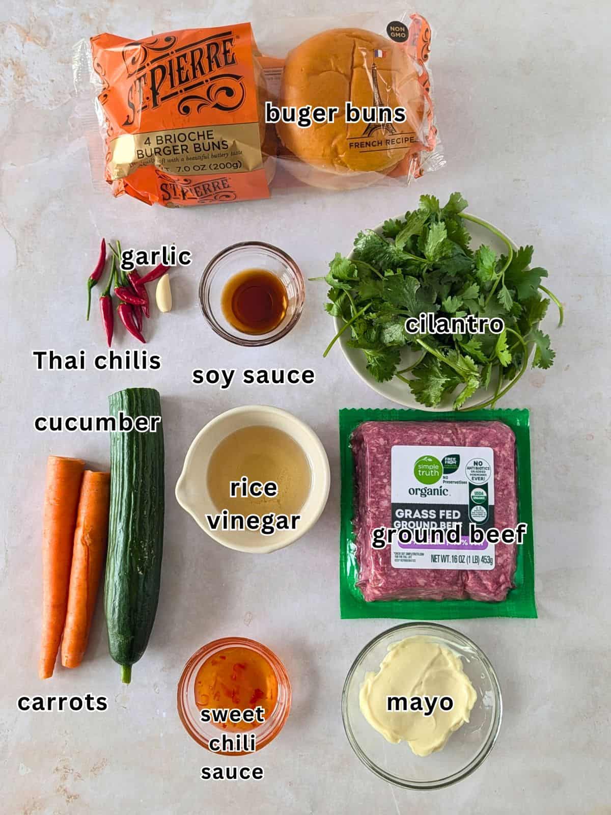 Ingredients labeled with text for Thai burger.