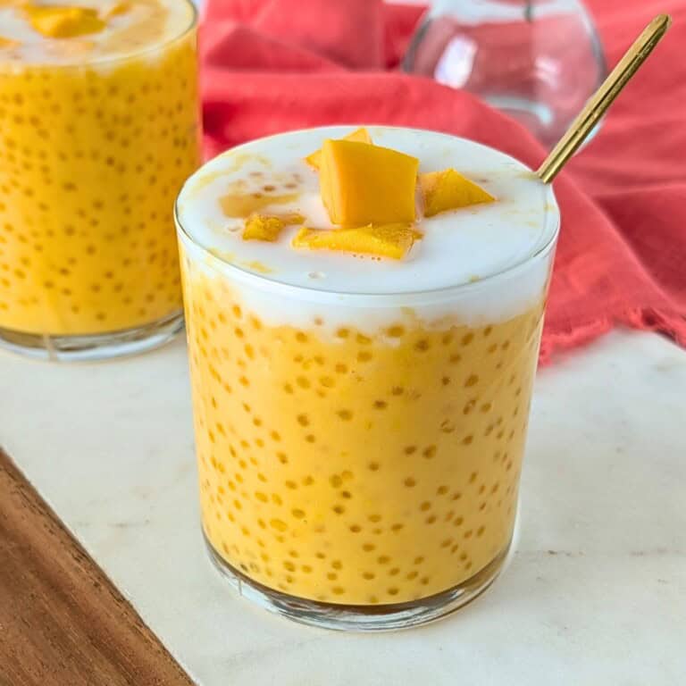 Feature image of mango sago in a glass.