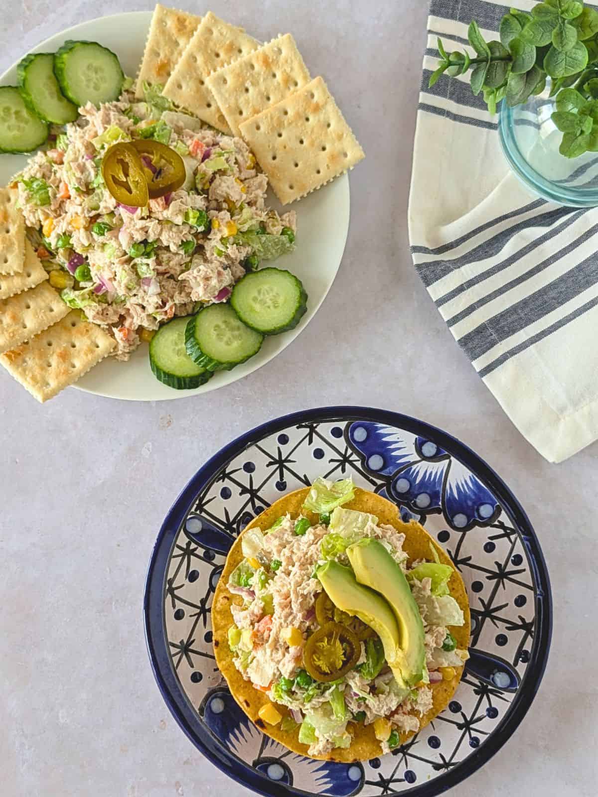 Overhead view of Mexican tuna salad on two plates.