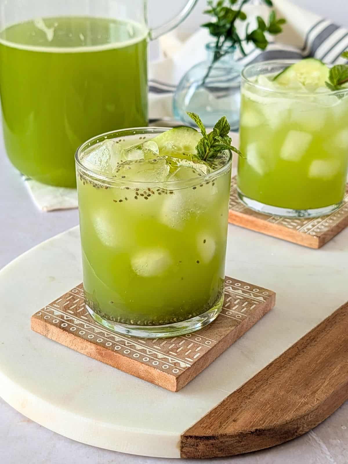 Agua de pepino con limon with chia seeds served over ice.