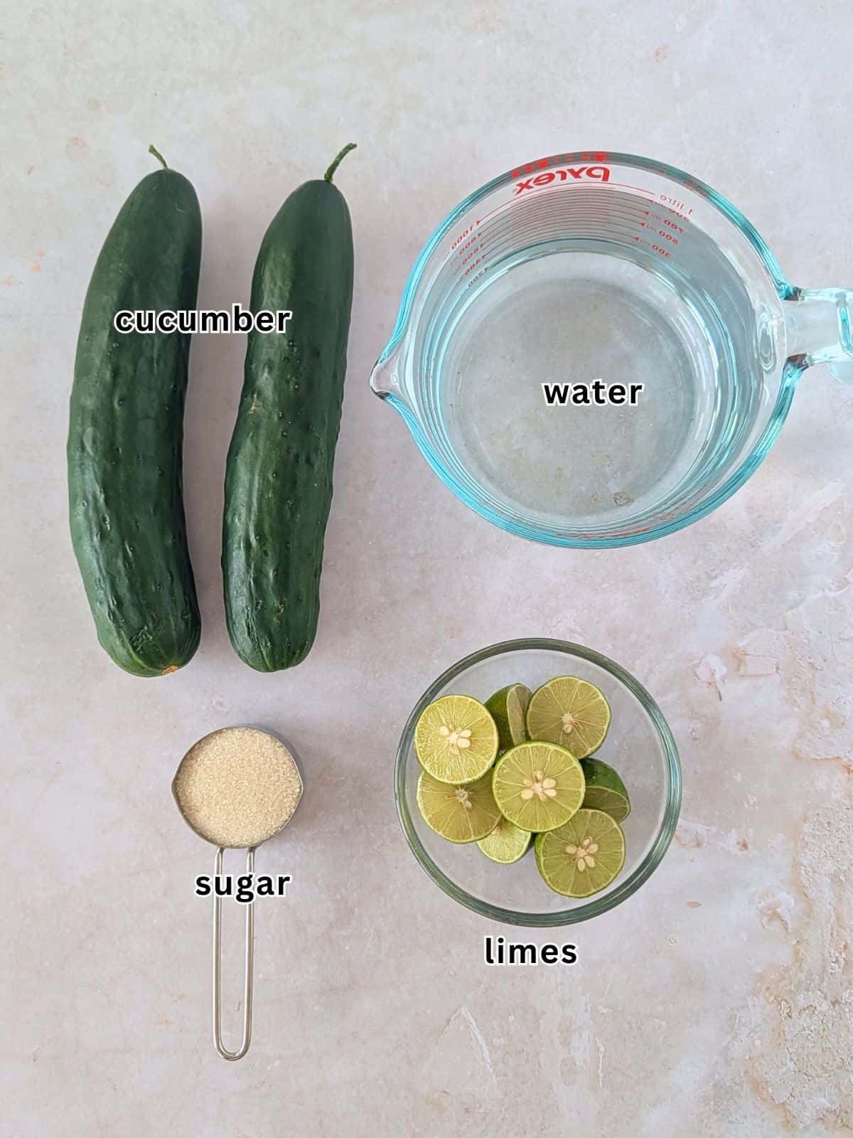 Cucumber, water, lime and sugar.