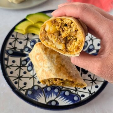 Feature image of chorizo, egg, and potato burrito.