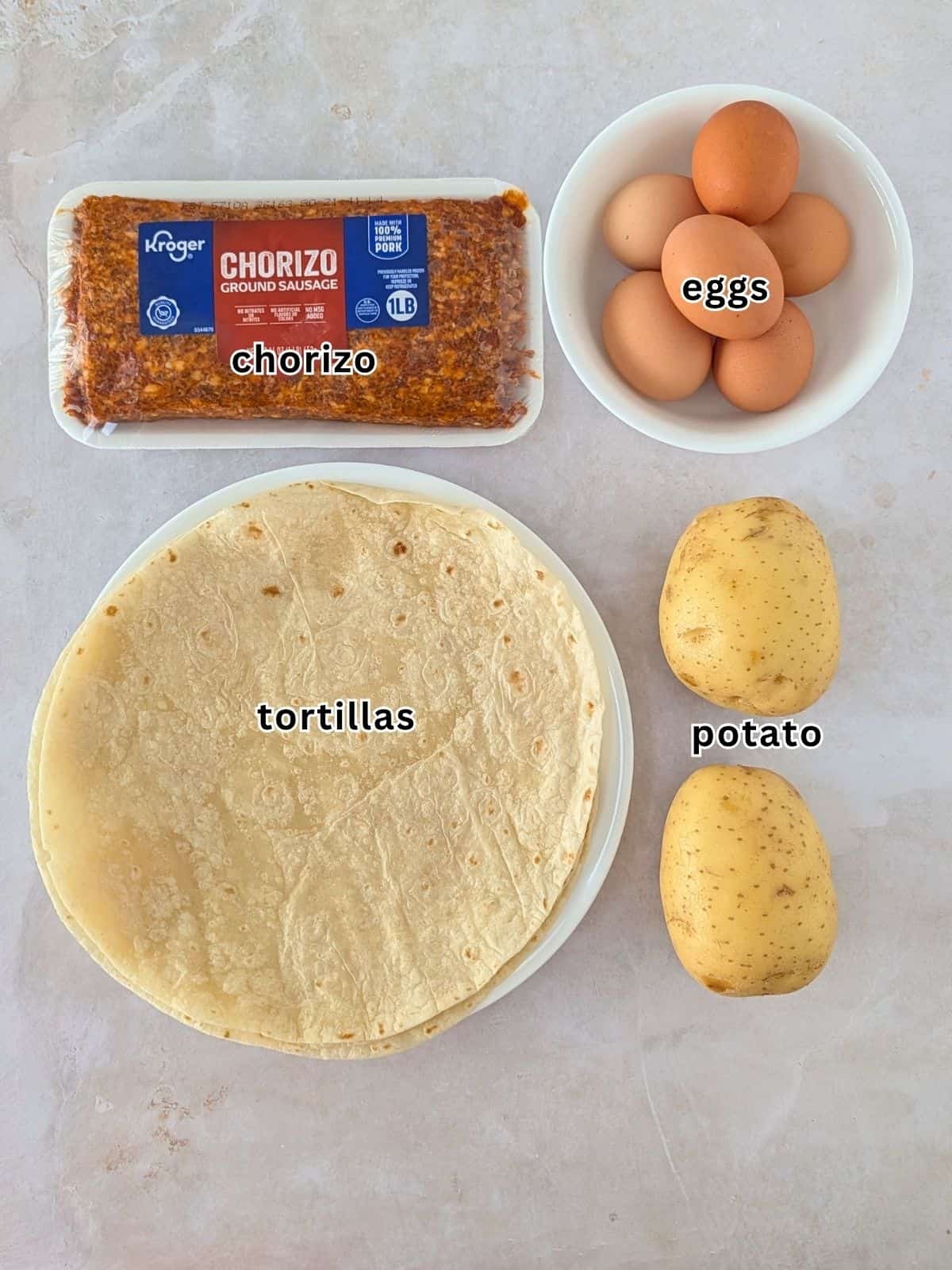 Ingredients with text- chorizo, eggs, tortillas, and potato.