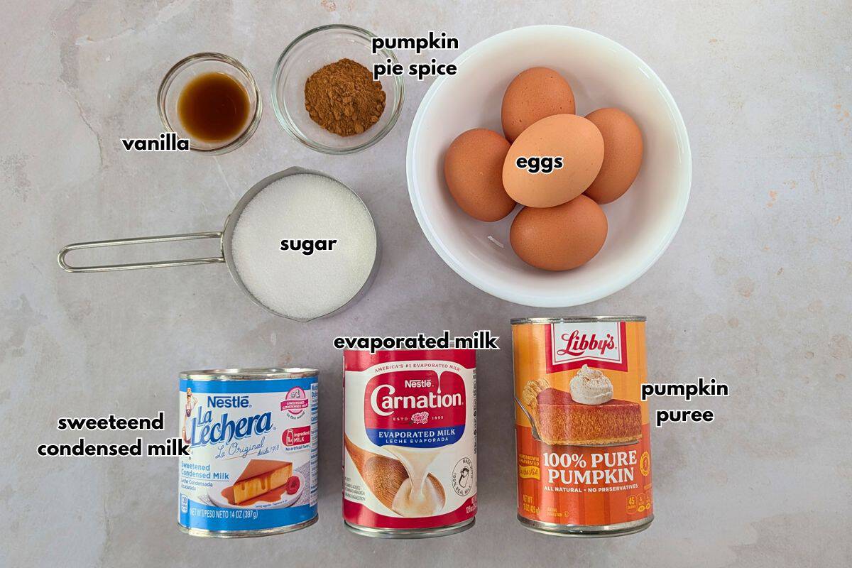 Ingredients with text- vanilla, pumpkin pie spice, eggs, sugar, sweetened condensed milk, evaporated milk, and pumpkin puree.
