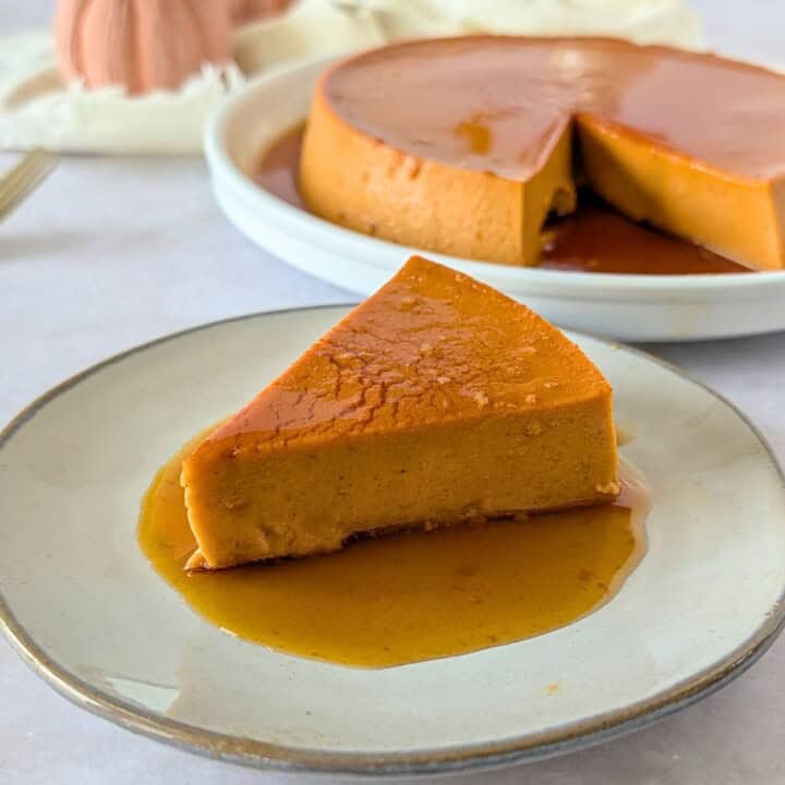 Feature image of a slice of flan de calabaza on a plate.