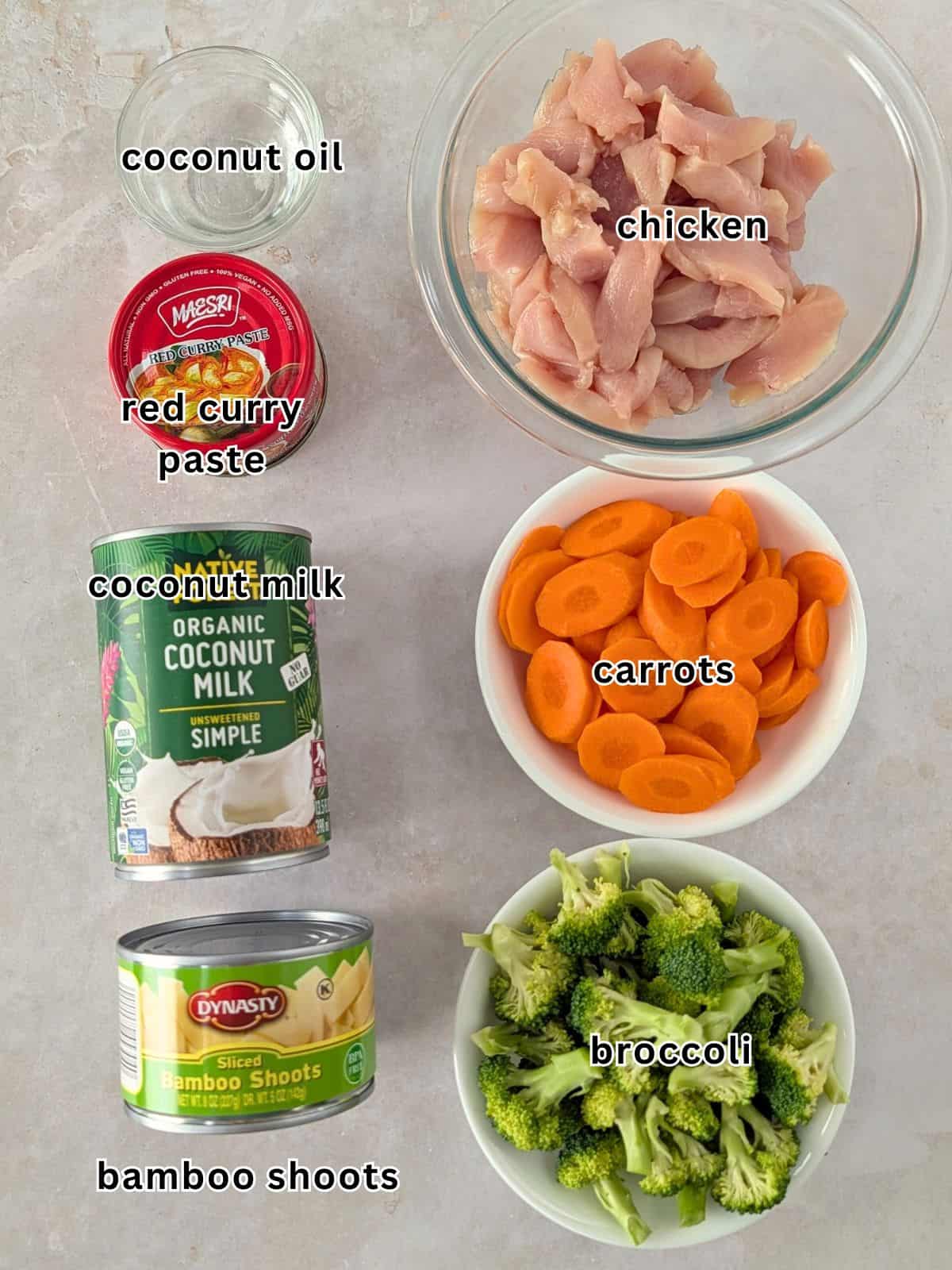 Ingredients with text- coconut oil, chicken, red curry paste, coconut milk, carrots, bamboo shoots, broccoli.